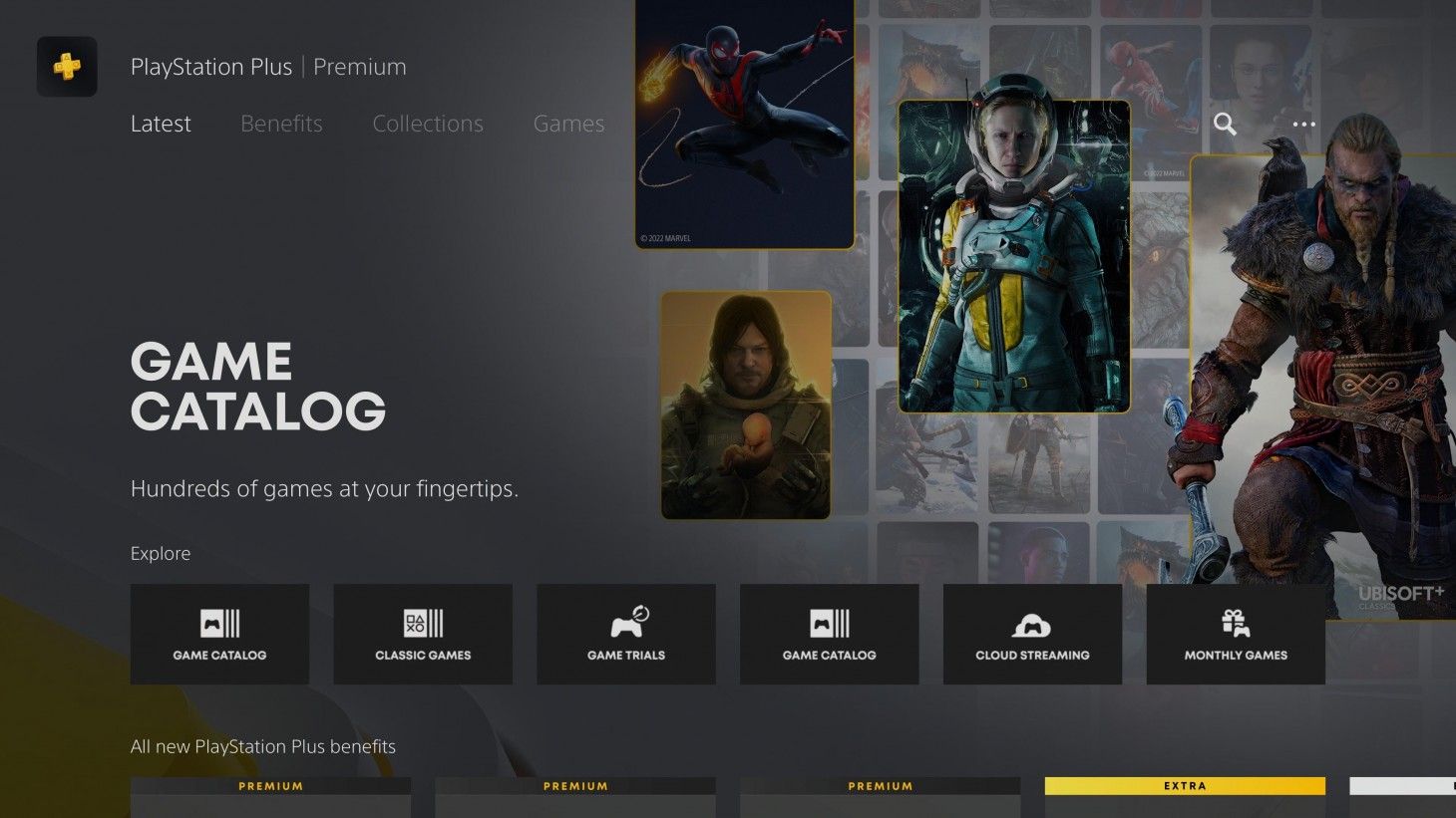A menu that contains the PS Plus game catalog, with images of different characters