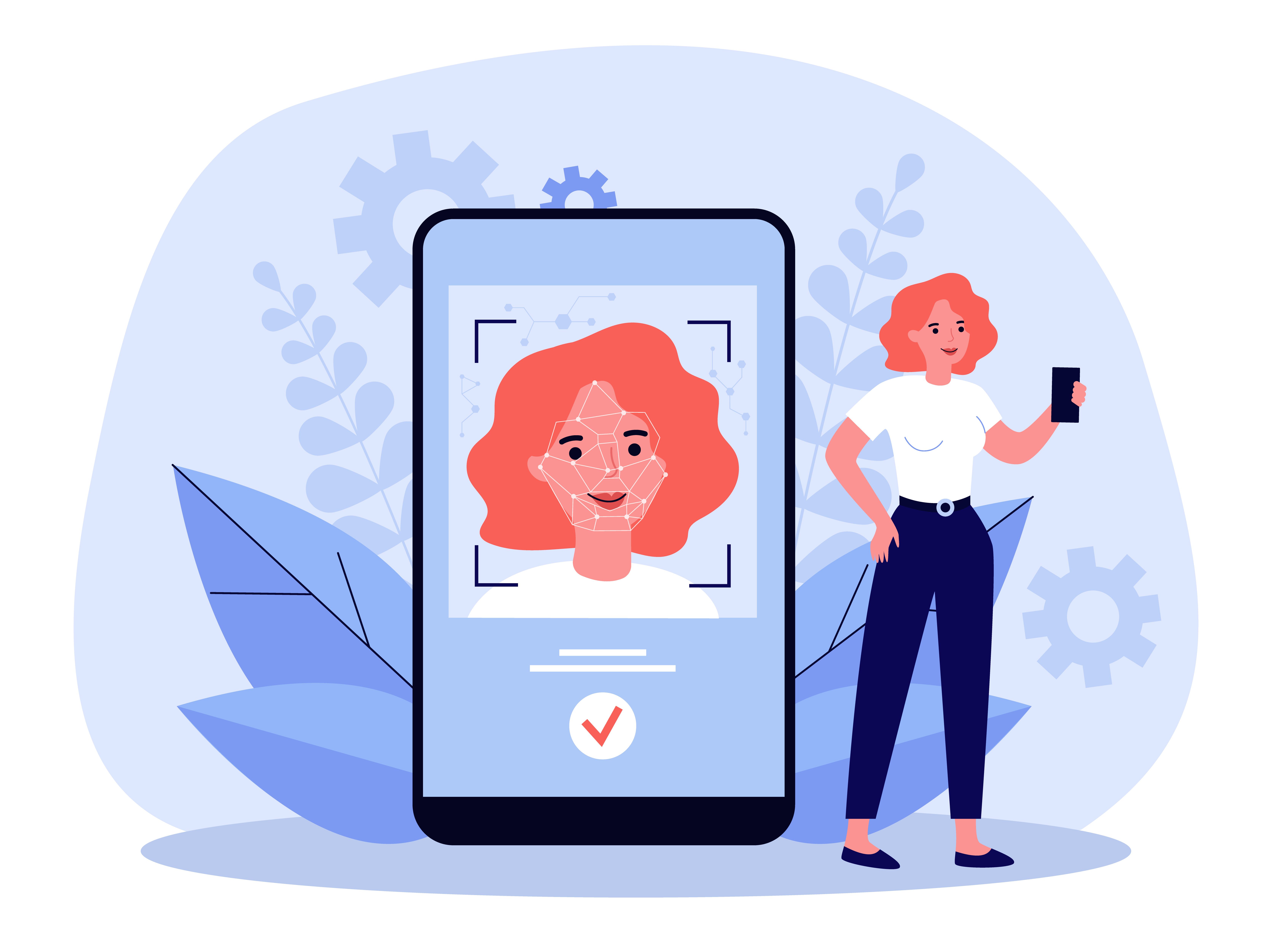 A woman holding a phone and a big phone showing her face mimicking identity verification
