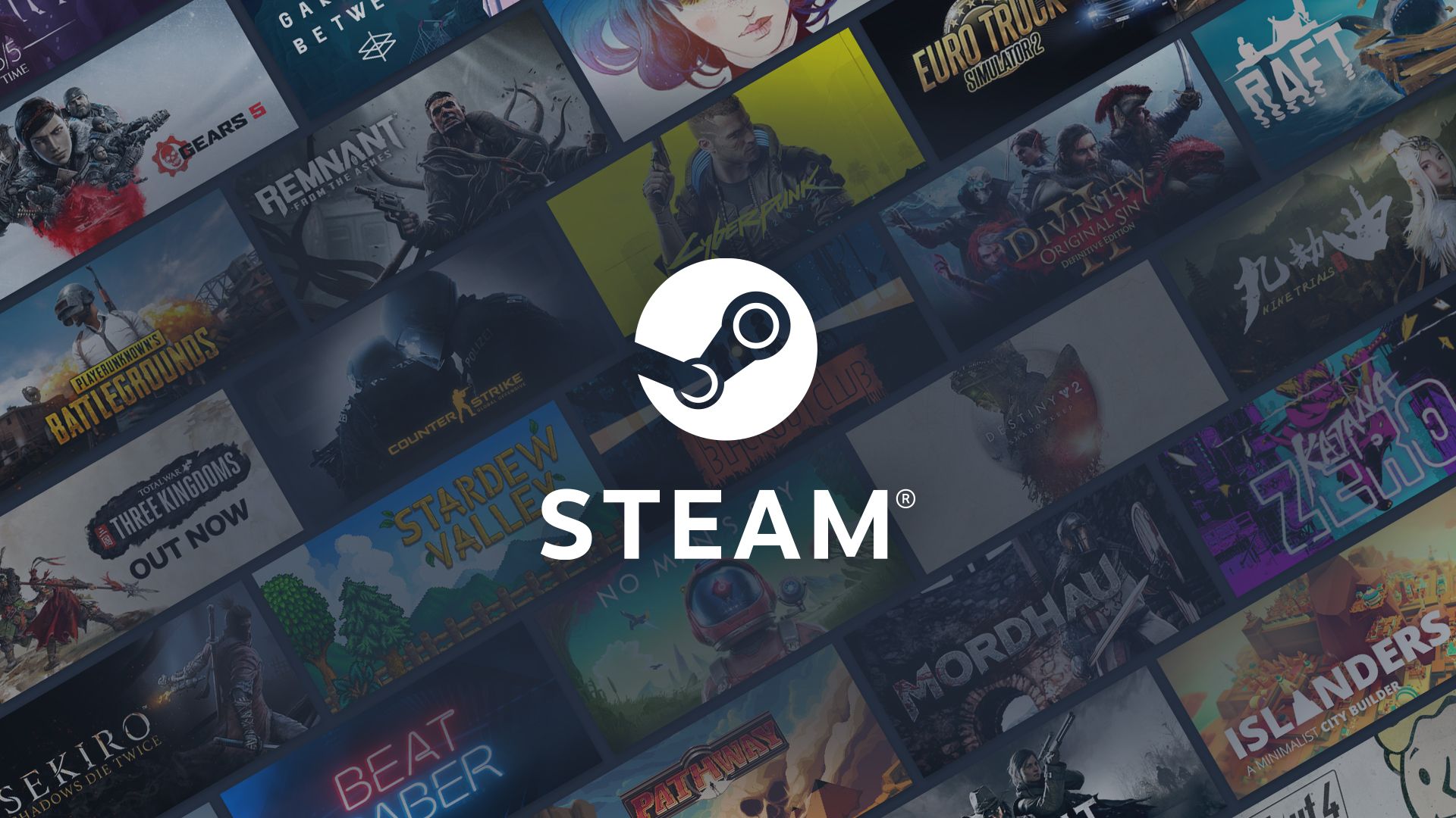 Logo Steam au premier plan avec divers jeux vidéo en arrière-plan.