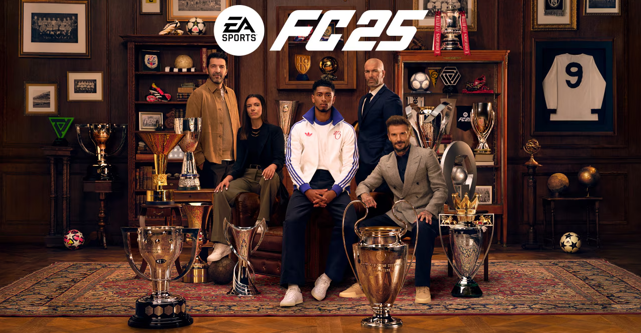 Promotional material of the Ultimate Edition containing the EA Sports FC 25 logo and the 5 players Gianluigi Buffon, Aitana Bonmatí, Jude Bellingham, Zinédine Zidane and David Beckham inside a trophy room.