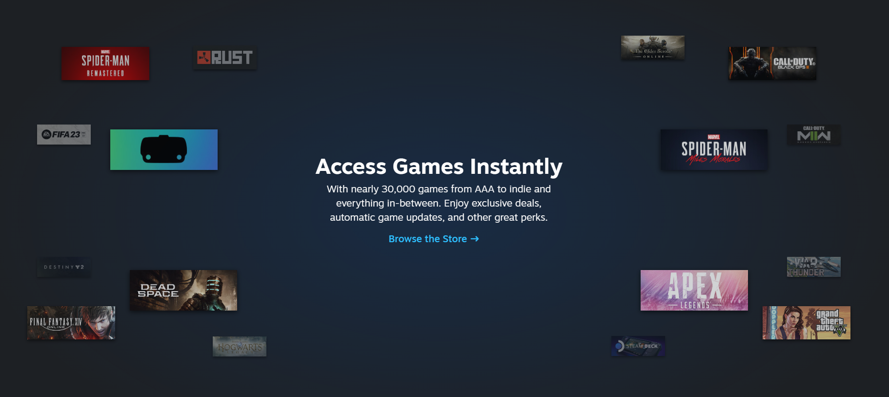 Informacje o Sklepie Steam z różnymi banerami gier, takimi jak FIFA 23, Apex Legends i Spider-Man Miles Morales.